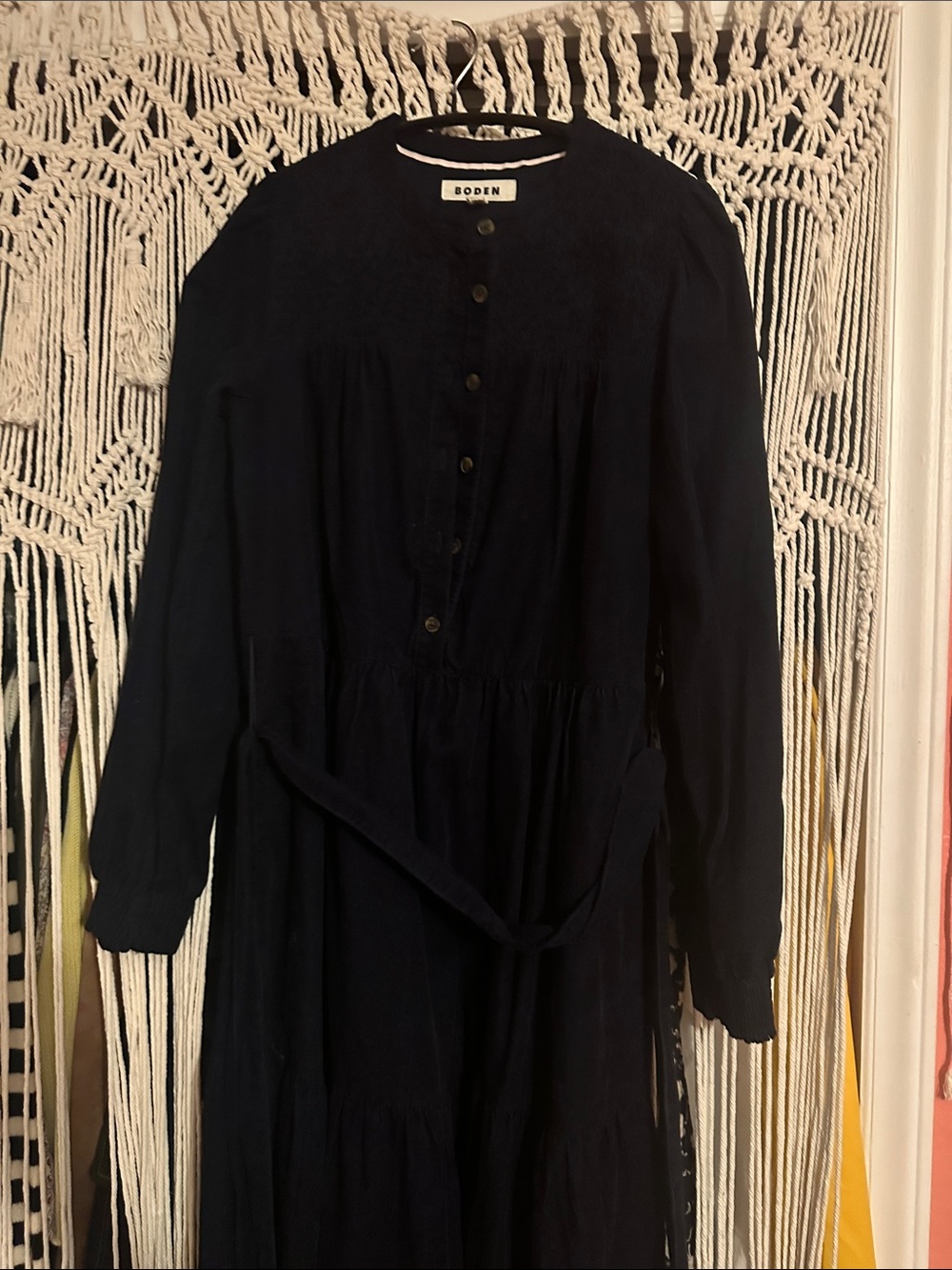 Boden Navy Button-Front Maxi Dress with Tie Waist